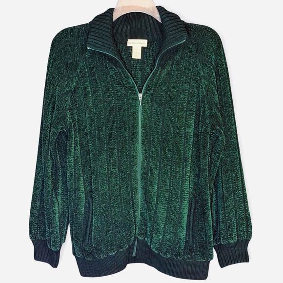 Draper’s & Damon’s Green Chenille Zip Cardigan Ribbed Trim Pockets Cottage Sz S - Picture 2 of 10